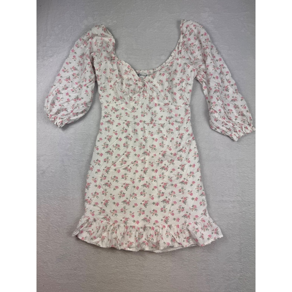 Hollister Floral Puff Sleeve Mini Dress White Pink Smocked Back Sweetheart M